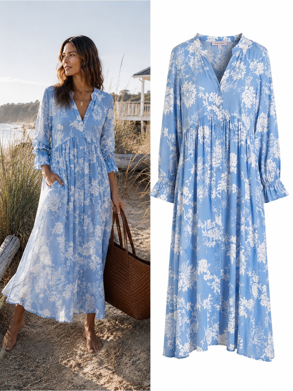 House of Lacuna Tuscany Boho Maxi Dress NWT Blue White Floral Size Large Resort